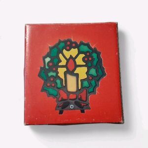 Cast Iron Stained Glass VTG Votive Candle Holder W/Box 6.5" Christmas Holiday